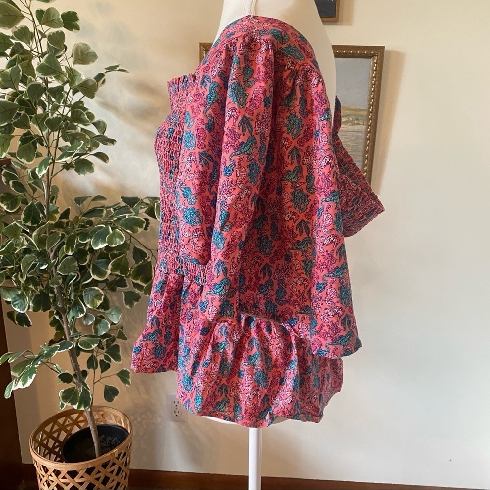 Simply Southern • Pink & Blue Seahorse Print Smocked Flutter Sleeve Top • Sz XL - Picture 6 of 7